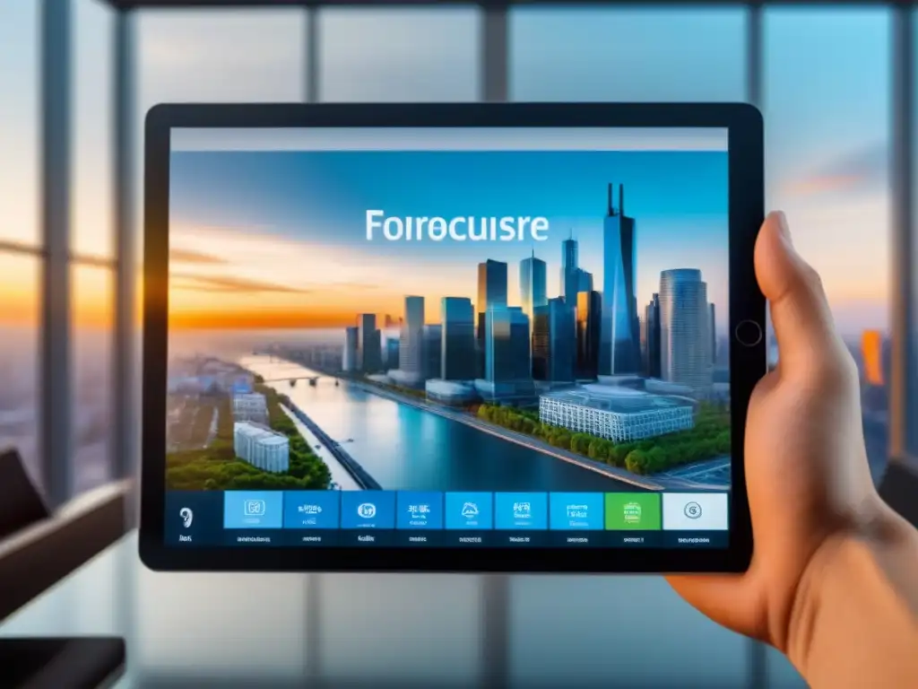 Plataforma futurista de subastas inmobiliarias en 8k Interfaz futurista de plataforma online para encontrar propiedades en remate, en una oficina moderna con vista a la ciudad