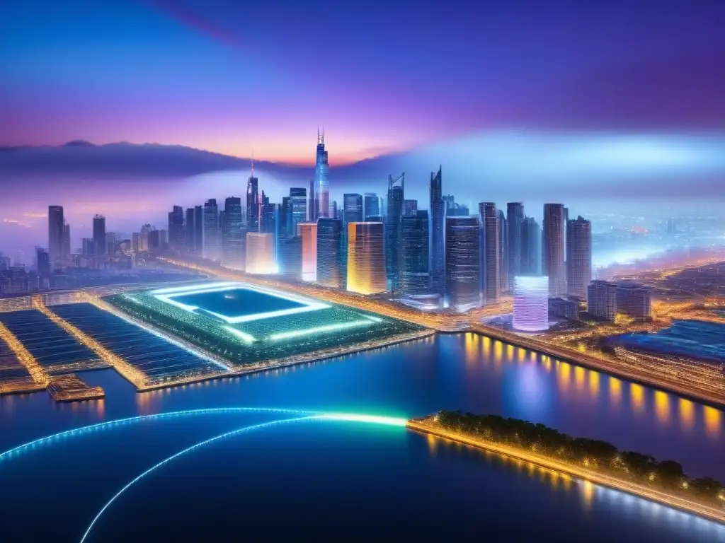 Interfaz digital futurista de valoración inmobiliaria en 8k Interfaz futurista muestra valoración propiedades en tiempo real con herramientas intuitivas, gráficos vibrantes y mapa interactivo sobre skyline urbano al atardecer