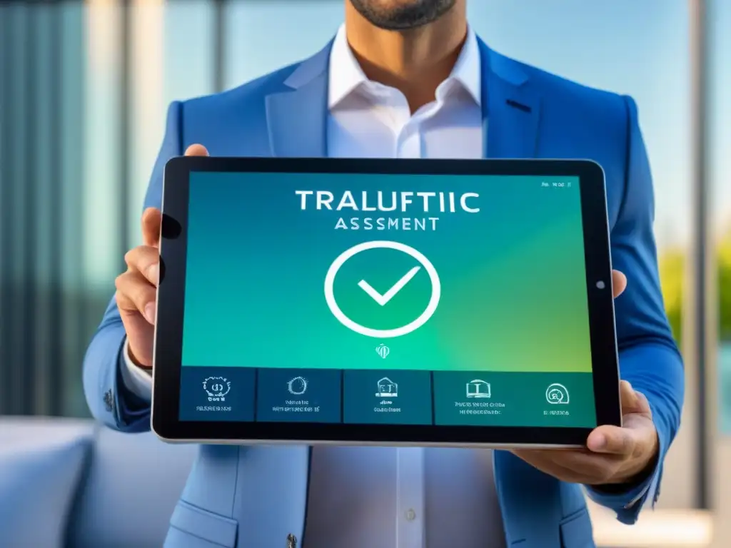 Plataforma de valoración inmobiliaria futurista y segura en tablet Interfaz futurista y segura para valoración de propiedades en tablet