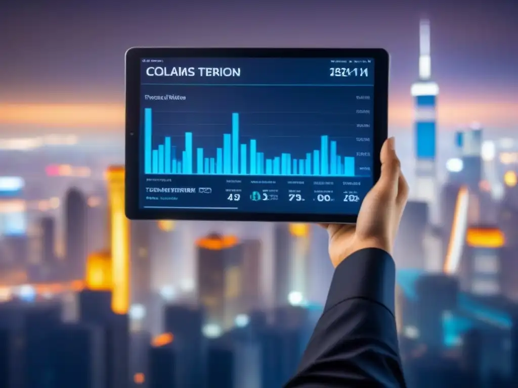 Interfaz financiera futurista en tablet con datos de inversión inmobiliaria Interfaz futurista de software análisis financiero inversiones inmobiliarias en tablet digital, con gráficos y ciudad de fondo