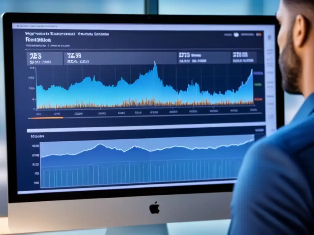 Software financiero futurista: análisis inmobiliario en 8k Interfaz futurista de software análisis financiero inversiones inmobiliarias con gráficos avanzados y datos en tiempo real, en tonos azules y blancos