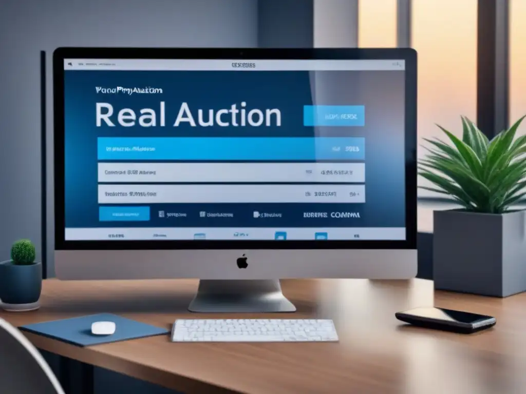 Plataforma de subasta inmobiliaria online futurista y detallada Interfaz futurista de subastas inmobiliarias online con gráficos en tiempo real