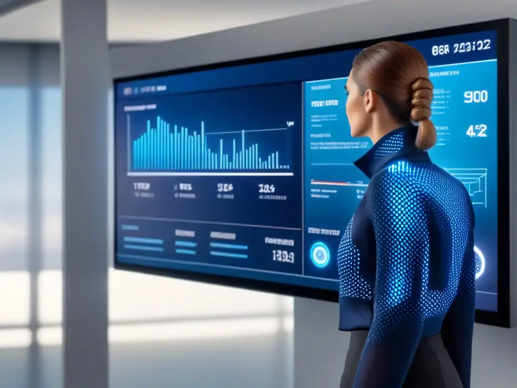 Interfaz de IA futurista para análisis inmobiliarios en tiempo real Interfaz de inteligencia artificial con análisis de mercado inmobiliario avanzado en tonos azules y metálicos