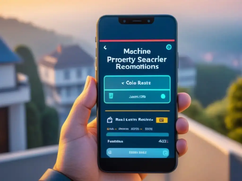 Interface de IA personalizada para recomendaciones inmobiliarias Una interfaz de inteligencia artificial sofisticada muestra recomendaciones personalizadas de propiedades