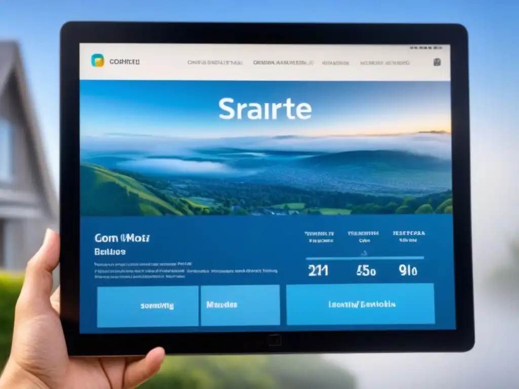 Herramienta de valoración inmobiliaria: interfaz moderna y eficiente en pantalla de alta resolución Interfaz moderna de herramienta valoración propiedades tiempo real en pantalla HD, con diseño interactivo en azules y blancos