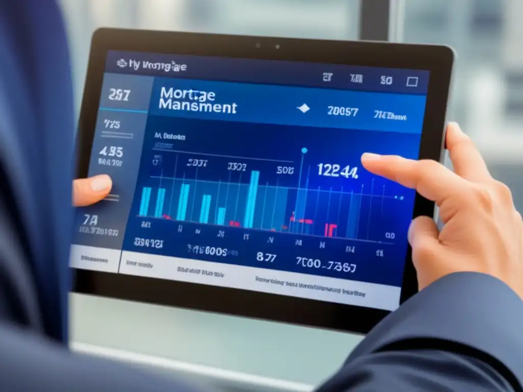 Software de Gestión Hipotecaria: Interfaz Futurista y Eficiente Una interfaz de gestión hipotecaria moderna en una tableta digital transparente, con gráficos interactivos y análisis de datos en tiempo real