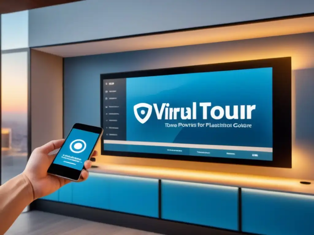 Plataforma de tour virtual innovadora en pantalla futurista Una interfaz virtual moderna y sofisticada en tonos azules y metálicos