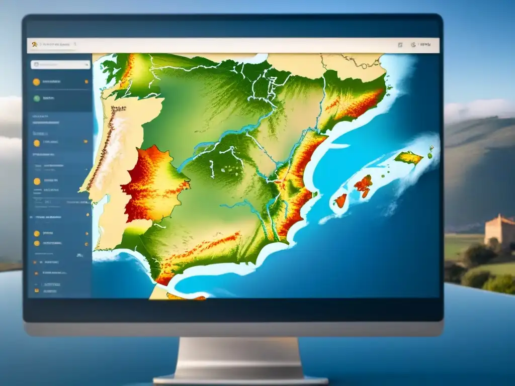 Explora propiedades en España: interfaz web moderna y detallada Interfaz web moderna para buscar propiedades en España online, con mapa interactivo y filtros, en tonos azules y neutros