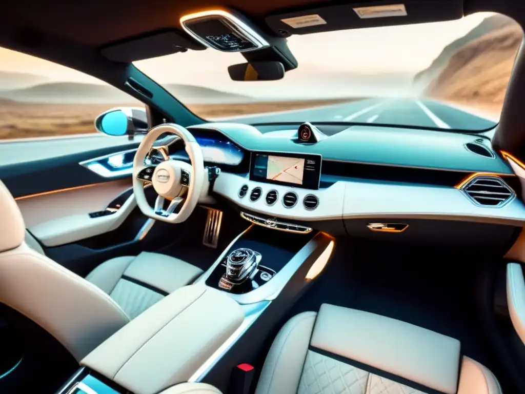 Interior de lujo de coche futurista con diseño personalizado Un interior de auto de lujo moderno con diseño a medida, asientos de cuero y tecnología de vanguardia