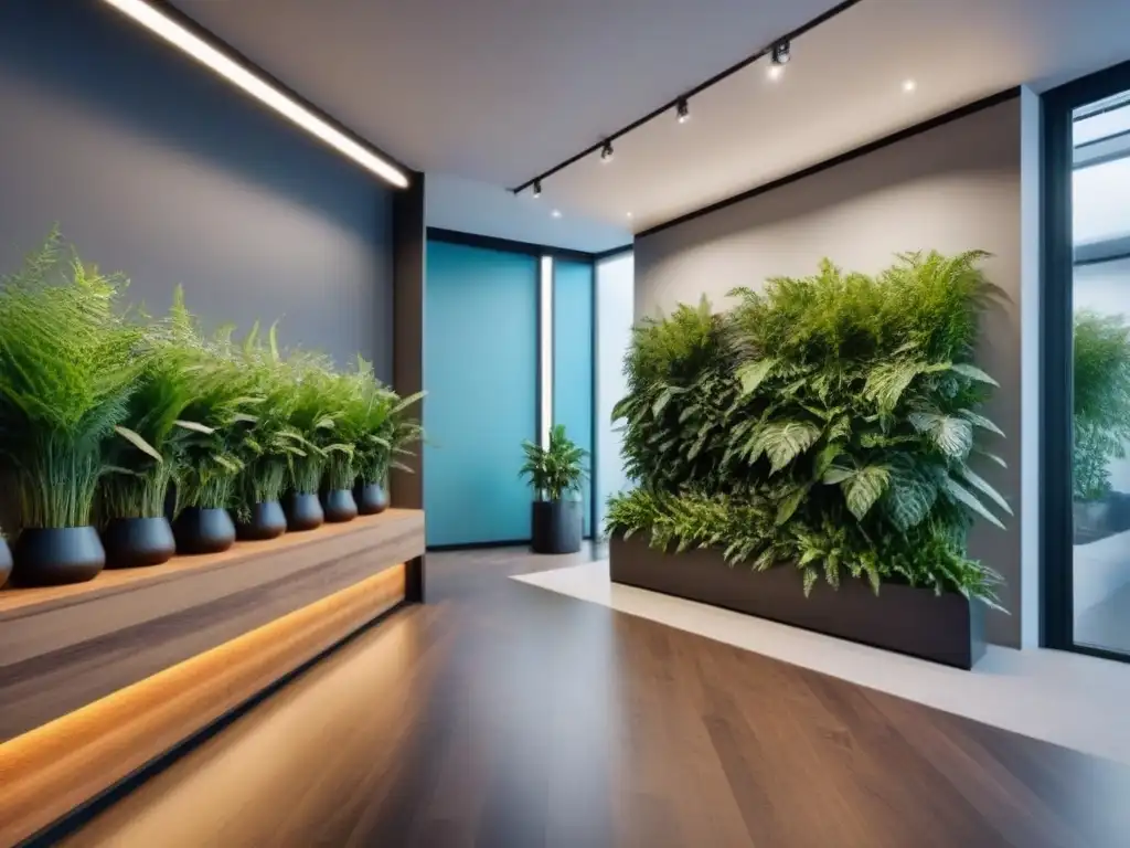 Diseño comercial eco-sostenible y moderno Interior comercial moderno y ecoamigable con madera, plantas y diseño contemporáneo