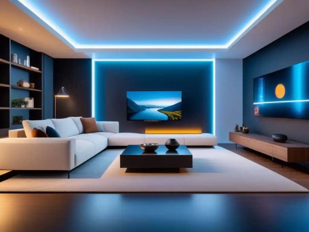 Interior de casa inteligente futurista: diseño hightech en 8k Interior futurista de casa inteligente con tecnologías integradas en el diseño inmobiliario