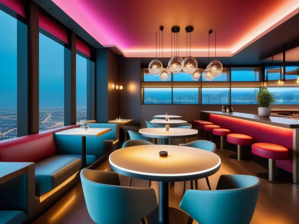 Interior futurista de restaurante: diseño innovador y sofisticado en 8k Interior futurista de restaurante con diseño innovador y elementos flotantes