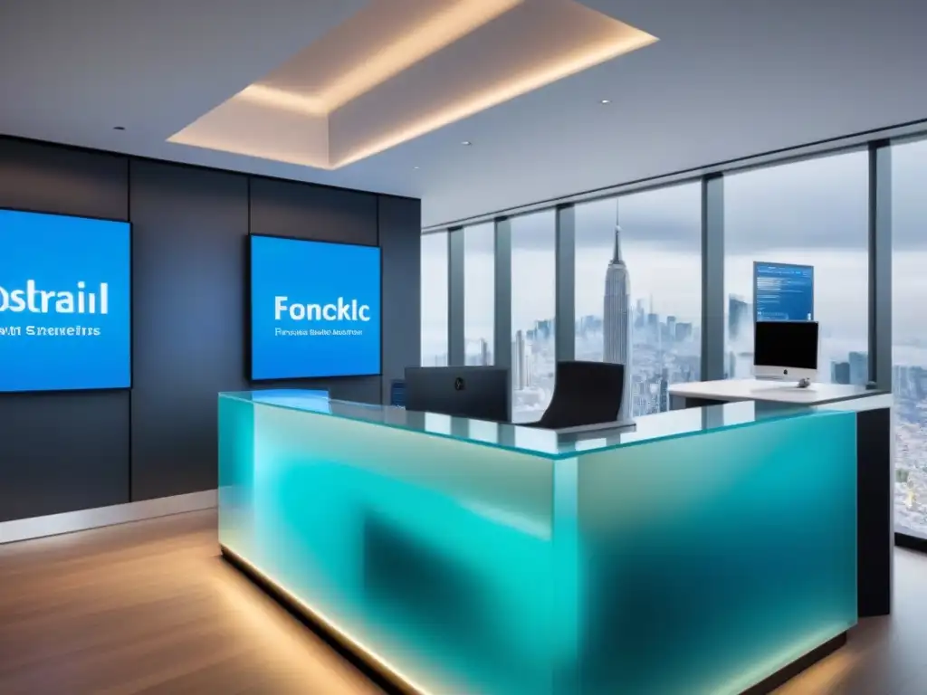 Sucursal bancaria futurista: tecnología y sofisticación en 8k Interior futurista de sucursal bancaria de vanguardia con tecnología avanzada y clientes interactuando