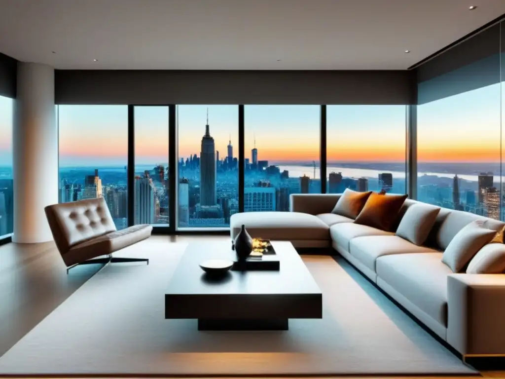 Penthouse de lujo con vista impresionante de la ciudad Interior lujoso de un ático moderno con vistas a la ciudad, exudando sofisticación y riqueza
