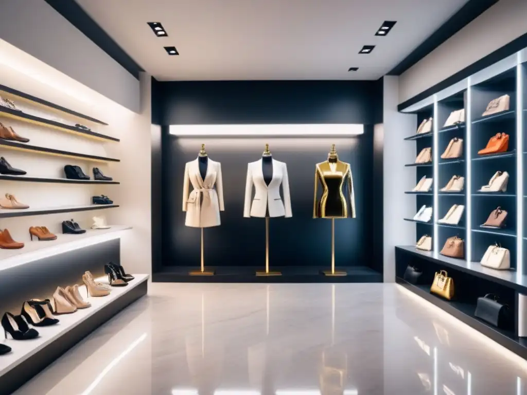 Interior boutique de lujo para estrategias de fidelización Interior lujoso de boutique con productos de alta gama, luces ambientales y paleta elegante