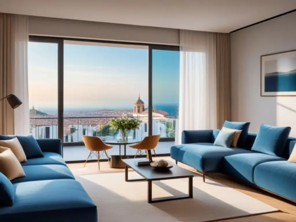Interior de apartamento de lujo en España: elegancia y confort Interior lujoso en España con muebles elegantes, decoración refinada y vistas a la ciudad