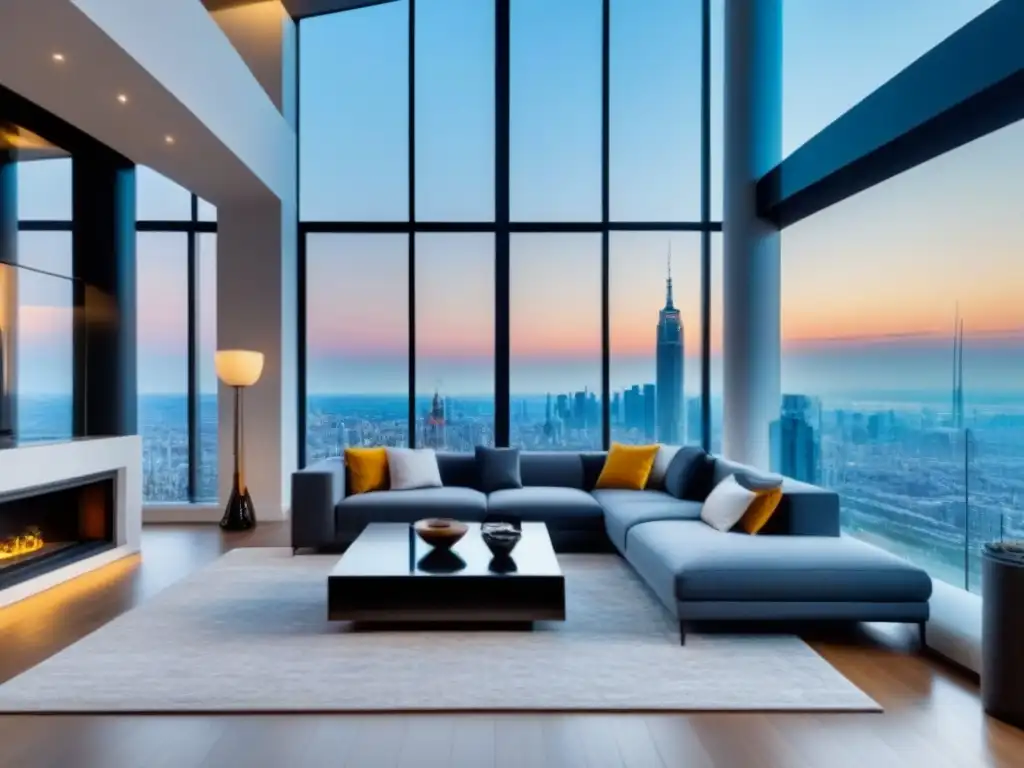 Penthouse de lujo con vista panorámica a la ciudad Interior de penthouse moderno y lujoso con vista panorámica a la ciudad y diseño elegante, ideal para estrategias de inversión en inmuebles de lujo