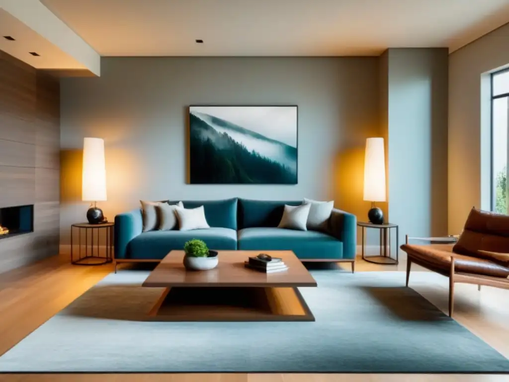 Elegancia texturizada: Sala moderna con sofá de cuero y alfombra grande Decoración de interiores con texturas y profundidad: Sala moderna con alfombra mullida y sofá de cuero elegante