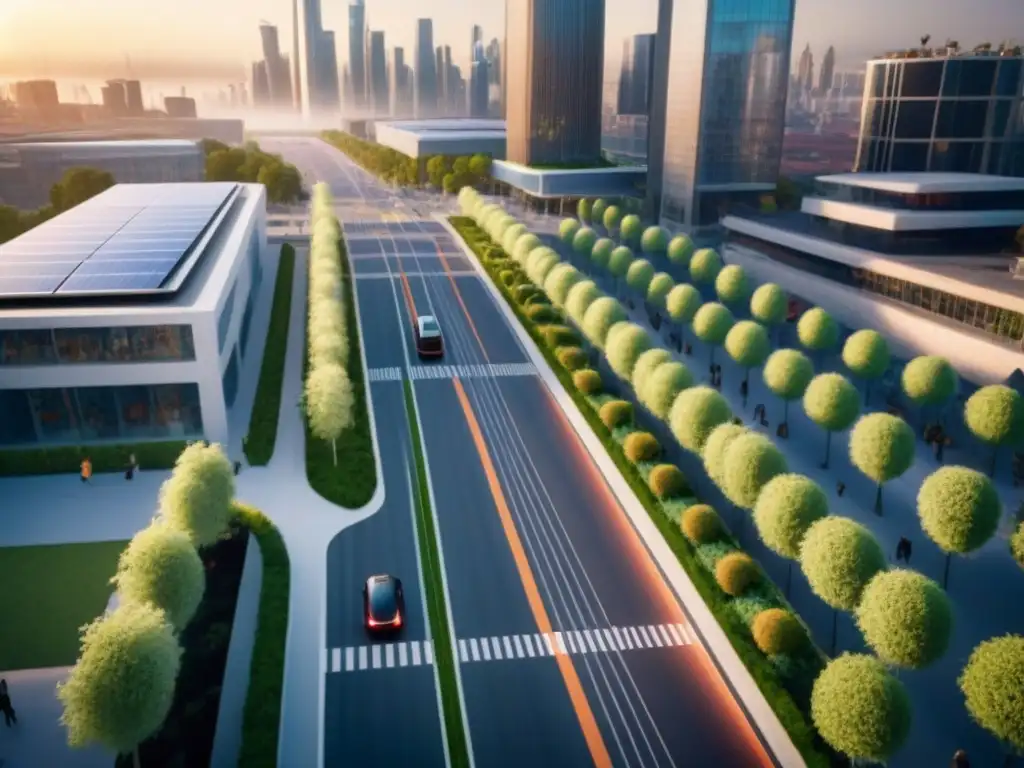 Metrópolis sostenible: atardecer entre rascacielos y naturaleza Una intersección urbana futurista con accesibilidad en planificación urbana, integrando naturaleza y tecnología en armonía al atardecer