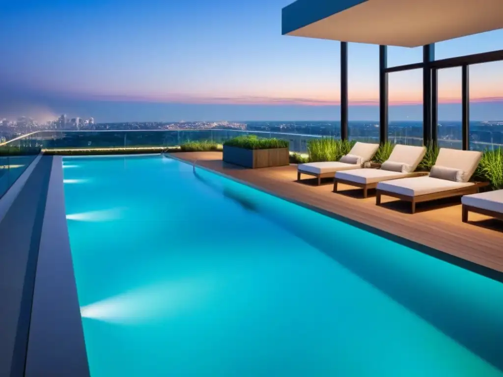 Complejo de apartamentos de lujo con vistas urbanas al atardecer Inversión en apartamentos de lujo con vista panorámica al anochecer