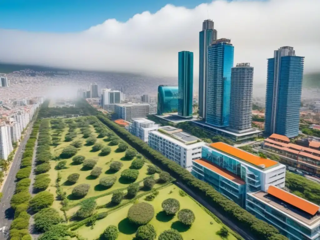 Horizonte urbano vibrante en México: símbolo de crecimiento inmobiliario Inversión en bienes raíces México: Vista aérea de una ciudad vibrante con rascacielos modernos y parques verdes