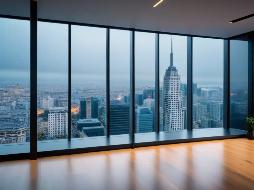 Inversión inmobiliaria futurista en la ciudad Inversión en bienes raíces diversificada: Edificio de oficinas moderno con ventanas de piso a techo reflejando una ciudad bulliciosa