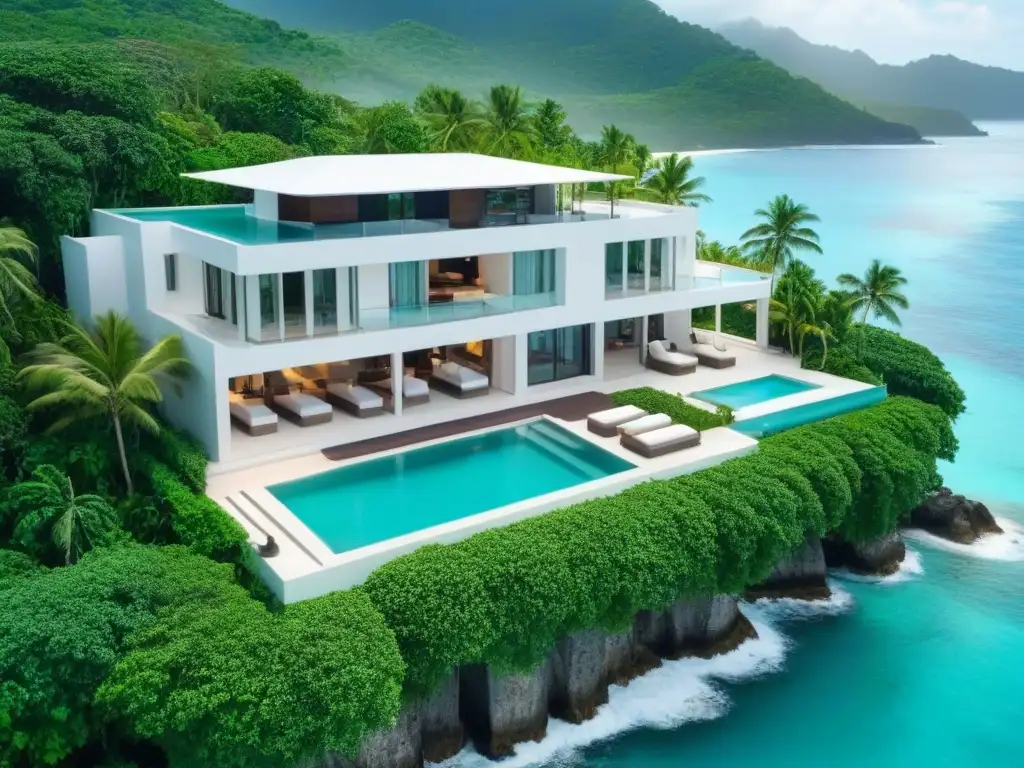 Propiedad de lujo frente al mar en el Caribe: exclusividad y relax Inversión en bienes raíces Caribe: Vista aérea de una lujosa propiedad frente al mar en el Caribe, con aguas turquesas y playa de arena blanca