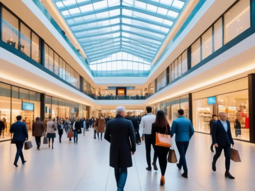Centro comercial moderno: diversidad, energía y estilo Inversión en centros comerciales: Atrio luminoso de moderno mall con diversidad de compradores y tiendas de moda y tecnología