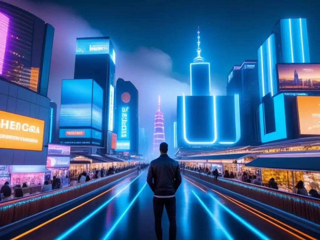 Metrópolis futurista: luces neón e innovación en centros comerciales Inversión en centros comerciales extranjeros: Ciudad futurista llena de rascacielos, luces de neón y pantallas digitales