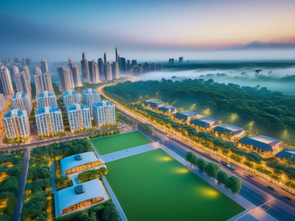 Metrópolis dinámica: arquitectura moderna y espacios verdes Inversión en centros comerciales residenciales: Un paisaje urbano vibrante con rascacielos y modernas construcciones
