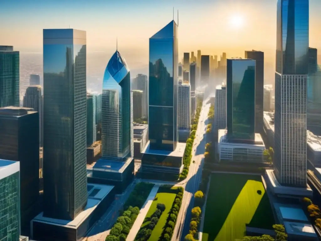 Inversión inmobiliaria: Ciudad moderna y próspera Inversión exitosa en bienes raíces: Vista aérea de una ciudad moderna con rascacielos, oficinas y profesionales exitosos