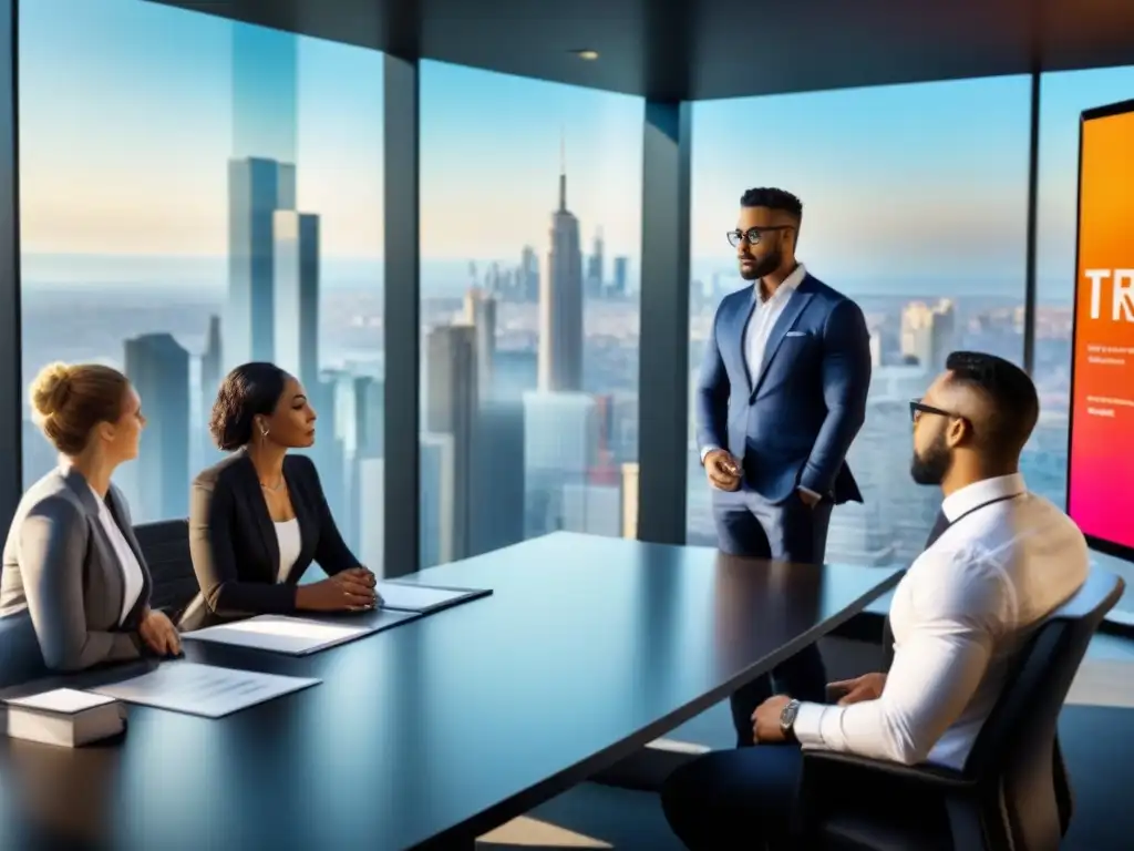 Profesionales debaten estrategias inmobiliarias en sala de juntas moderna Inversión exitosa en bienes raíces: Profesionales diversificados discuten estrategias en moderna sala de juntas con vista a la ciudad