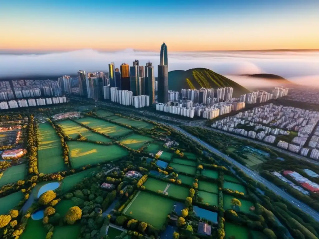 Esplendor urbano en Sudamérica: modernos rascacielos y espacios verdes Inversión extranjera: ciudad moderna de Sudamérica con rascacielos, espacios verdes y un mercado inmobiliario en crecimiento