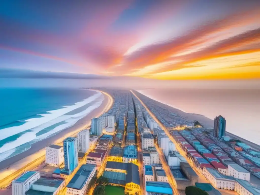 Esplendor urbano: Lima, Perú, entre historia y modernidad Inversión inmobiliaria en Perú: Vista aérea de Lima, mezclando arquitectura histórica y moderna, con el océano Pacífico de fondo