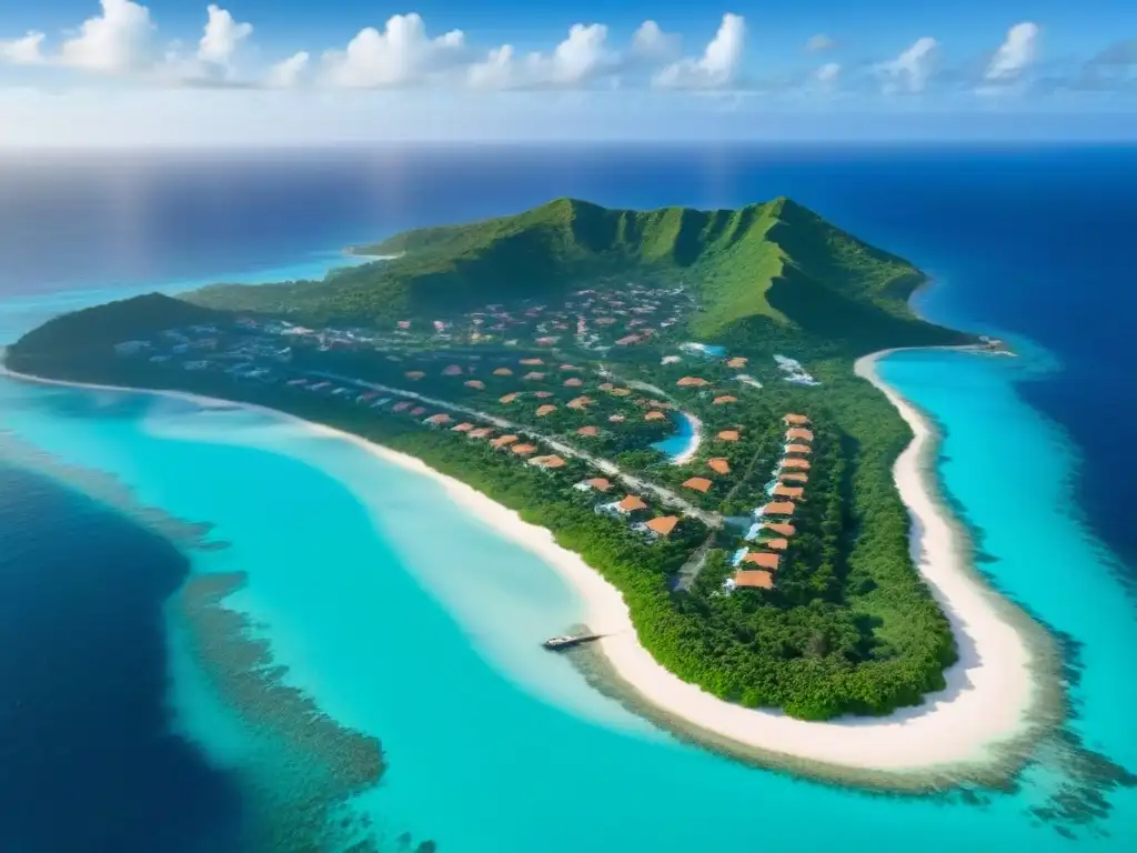 Inversiones inmobiliarias en el Caribe: vista aérea detallada Inversión inmobiliaria en el Caribe: vista aérea detallada de propiedades frente al mar y condominios modernos, en un paraíso tropical