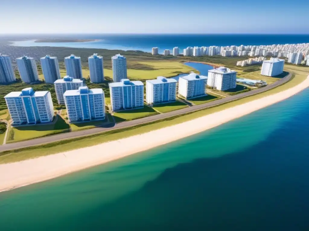Costa de Punta del Este: lujo y exclusividad en Uruguay Inversión inmobiliaria en Uruguay: Vista aérea detallada de Punta del Este con propiedades de lujo, edificios modernos y yates en un cielo azul claro