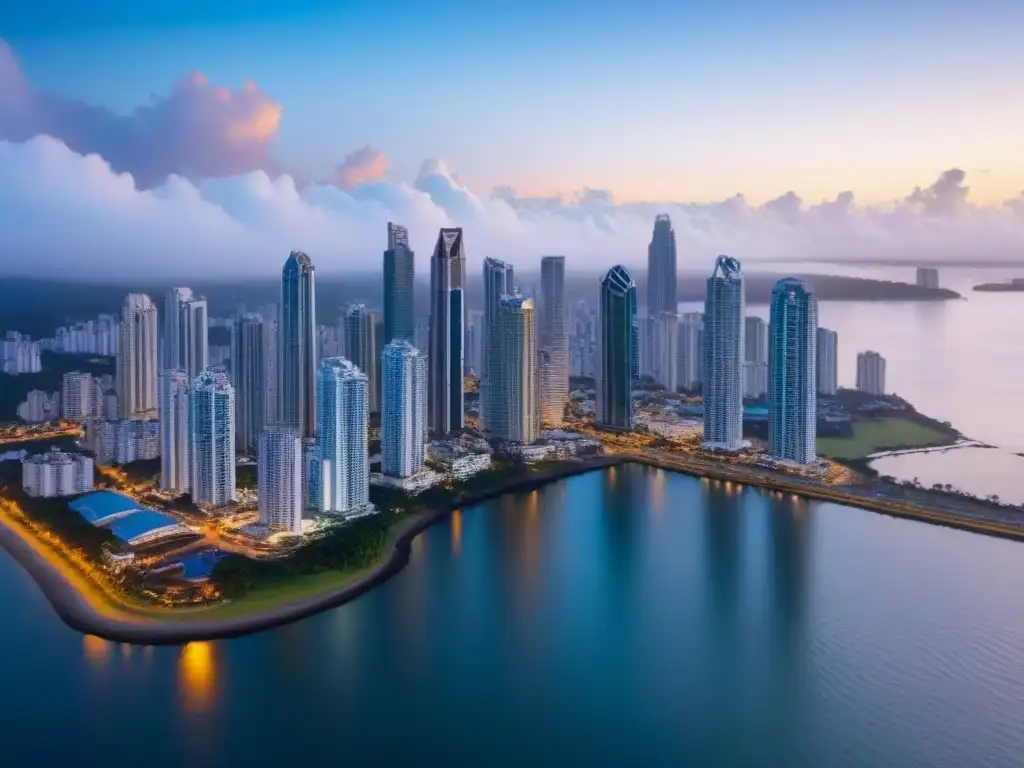 Espectacular skyline de Panamá al atardecer: oportunidades inmobiliarias Inversión inmobiliaria en Panamá: Vista aérea de la impresionante línea de horizonte de la Ciudad de Panamá al atardecer
