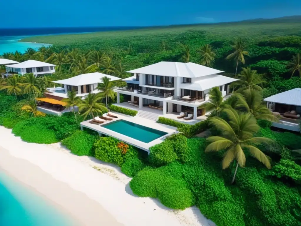 Inversión exclusiva: Propiedad de lujo en el Caribe Inversión inmobiliaria en el Caribe: vista aérea de lujosa propiedad frente al mar con aguas turquesas, playas de arena blanca y villas modernas