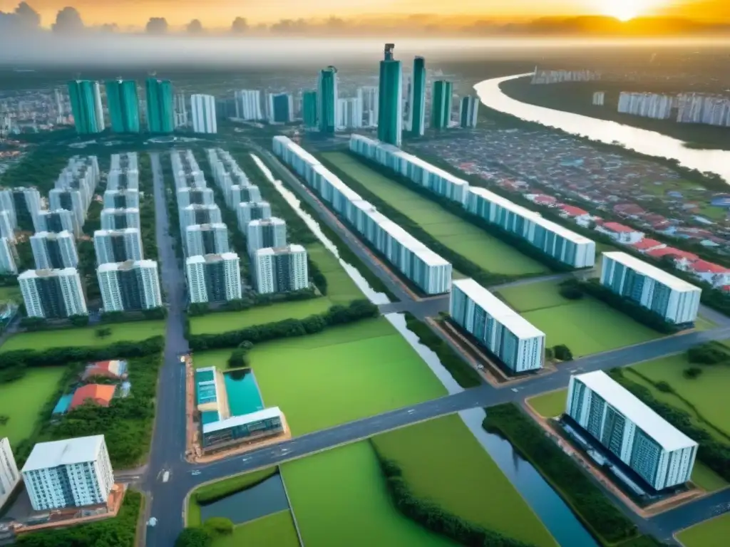 Skyline moderno en Surinam y Guyana: oportunidades de inversión Inversión inmobiliaria en Surinam y Guyana: Vista aérea de modernos rascacielos en crecimiento, mezclando elementos tradicionales y contemporáneos