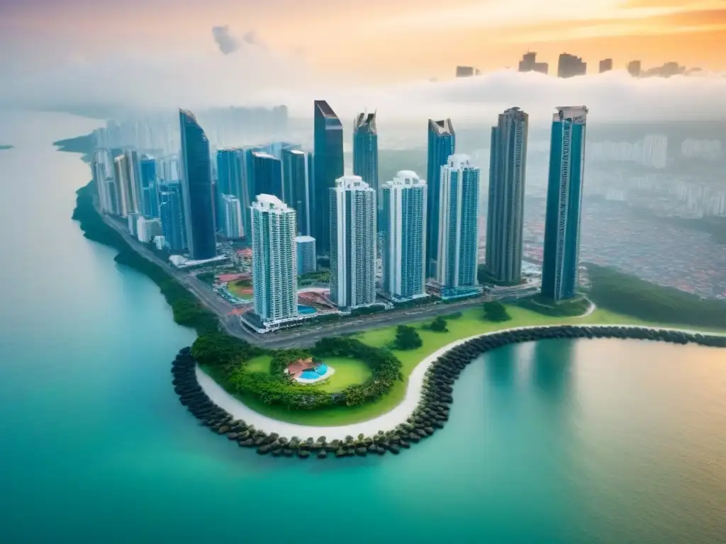 Panamá: modernidad y naturaleza en su vibrante skyline Inversión inmobiliaria en Panamá: Vista aérea de la icónica ciudad de Panamá con modernos rascacielos y el océano Pacífico al fondo