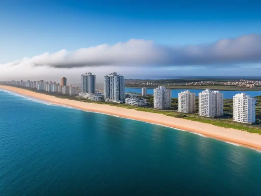 Espléndida vista aérea del skyline de Punta del Este en Uruguay Inversión inmobiliaria en Uruguay: Vista aérea de Punta del Este con sus edificios de lujo frente al mar y playas