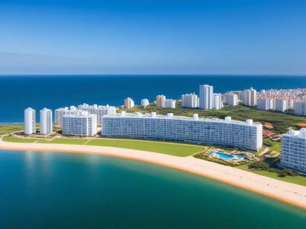 Esplendor de Punta del Este: lujo y exclusividad en Uruguay Inversión inmobiliaria en Uruguay: vista aérea de Punta del Este con rascacielos, playas cristalinas y lujosos yates