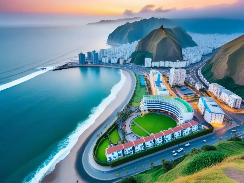 Larcomar: atardecer vibrante en Miraflores, Lima Inversión inmobiliaria en Perú: Vista aérea de Miraflores, Lima