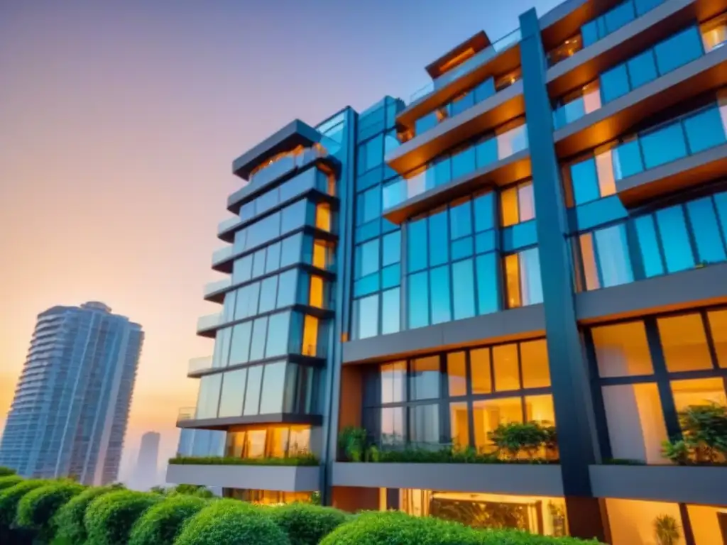 Edificio de lujo: elegancia urbana entre la naturaleza Inversión inmobiliaria de alto nivel: Edificio de lujo rodeado de naturaleza, reflejando sofisticación al atardecer