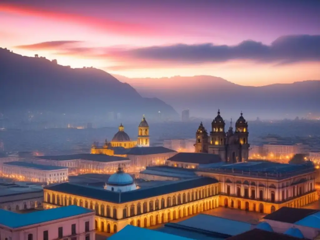 Horizonte de Lima al atardecer: fusión de tradición e innovación inmobiliaria en Perú Inversión inmobiliaria en Perú: Skyline de Lima al atardecer, con edificios modernos y arquitectura histórica iluminados en colores vibrantes