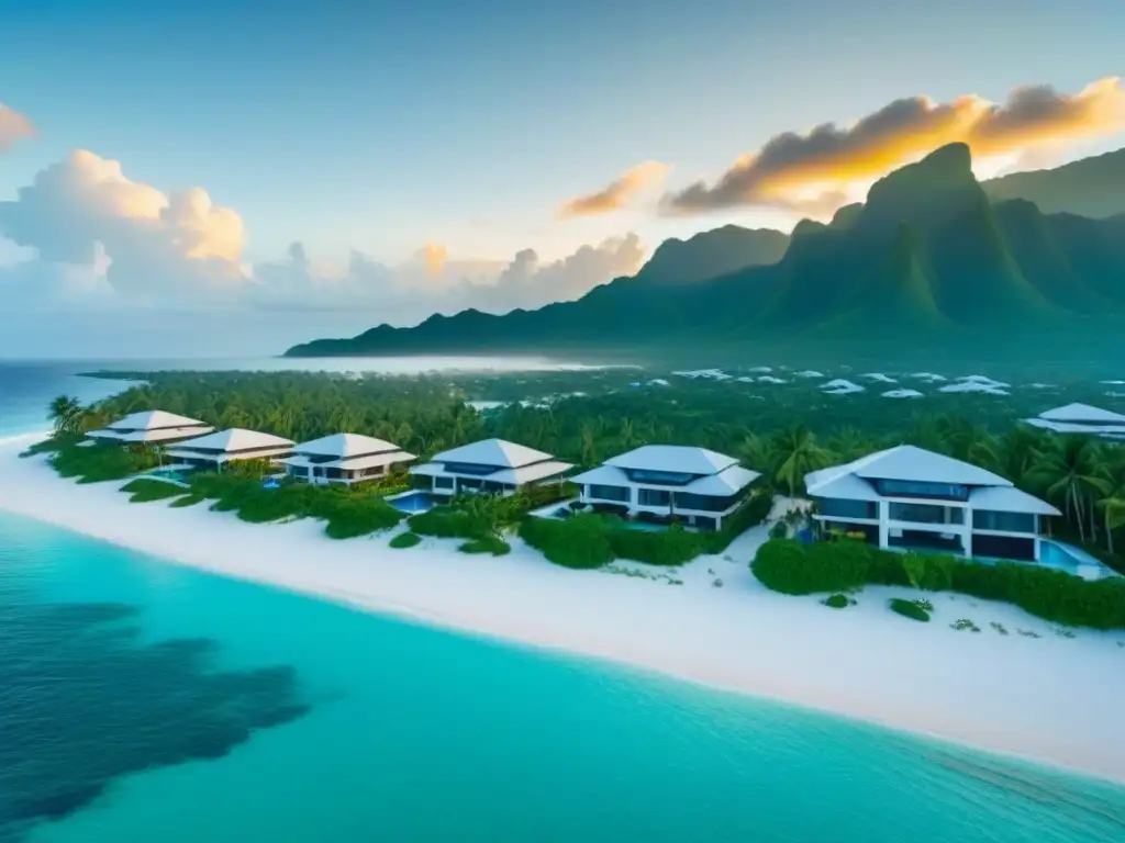 Caribe de ensueño: Propiedades de lujo en playa paradisíaca Inversión inmobiliaria en el Caribe: atardecer en una playa paradisíaca con propiedades lujosas y mar turquesa