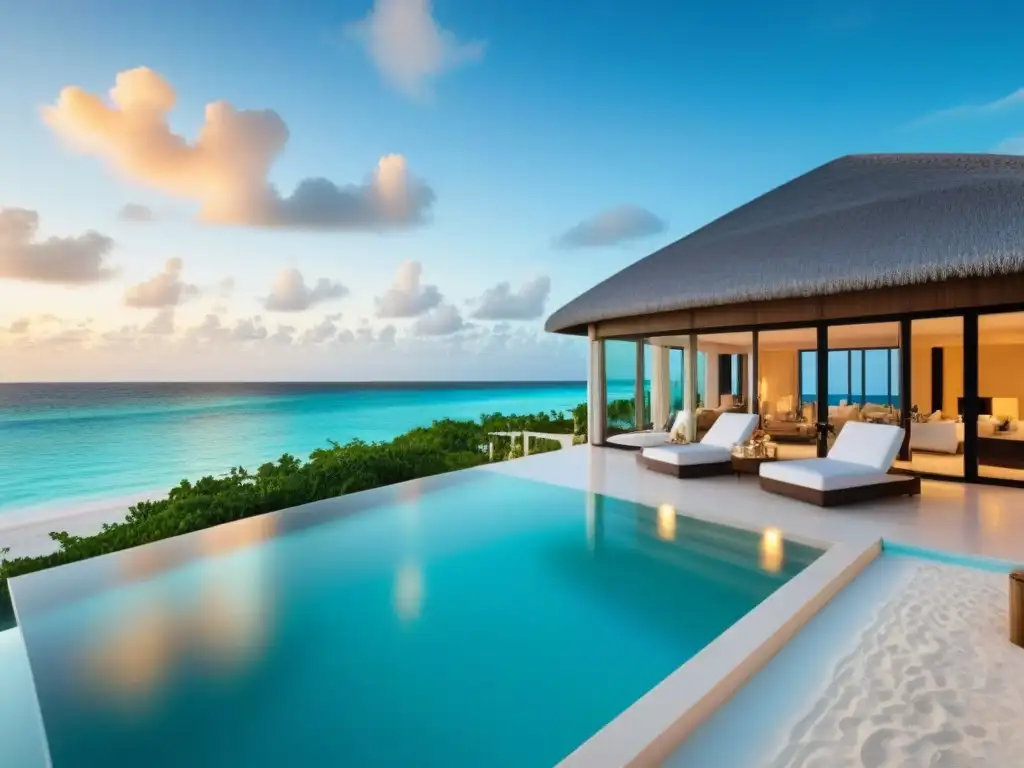 Propiedad de lujo frente al mar en las Bahamas Inversión inmobiliaria en Las Bahamas: Residencia de lujo con vista al mar, piscina infinita y atardecer dorado en playa paradisíaca