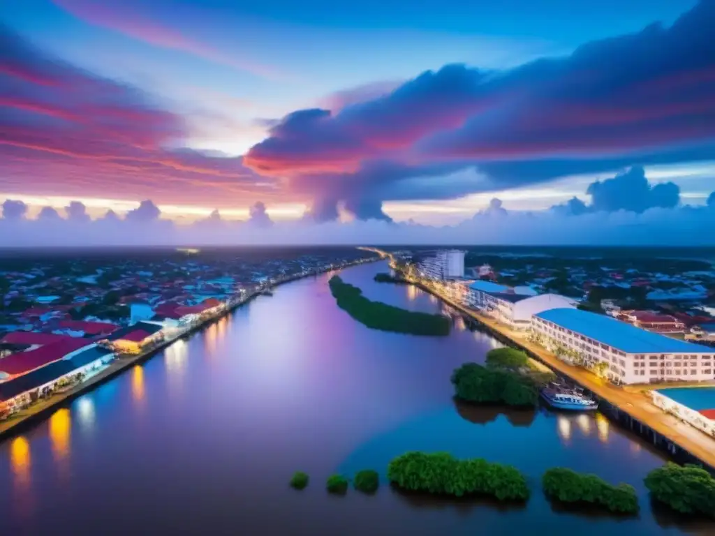 Horizonte urbano de Paramaribo, Suriname: mezcla de modernidad y tradición Inversión inmobiliaria en Surinam y Guyana: Ciudad bulliciosa de Paramaribo, mezcla moderna y colonial, río Surinam al atardecer