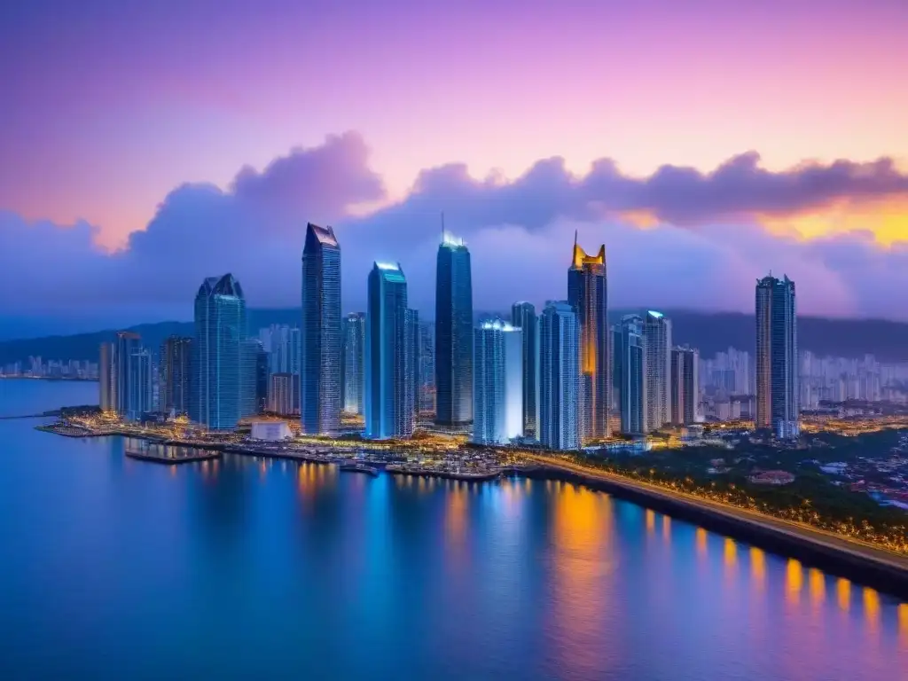 Panamá City al atardecer: skyline en 8k Inversión inmobiliaria en Panamá: Skyline de Ciudad de Panamá al atardecer, con rascacielos y océano Pacífico iluminados por la puesta de sol