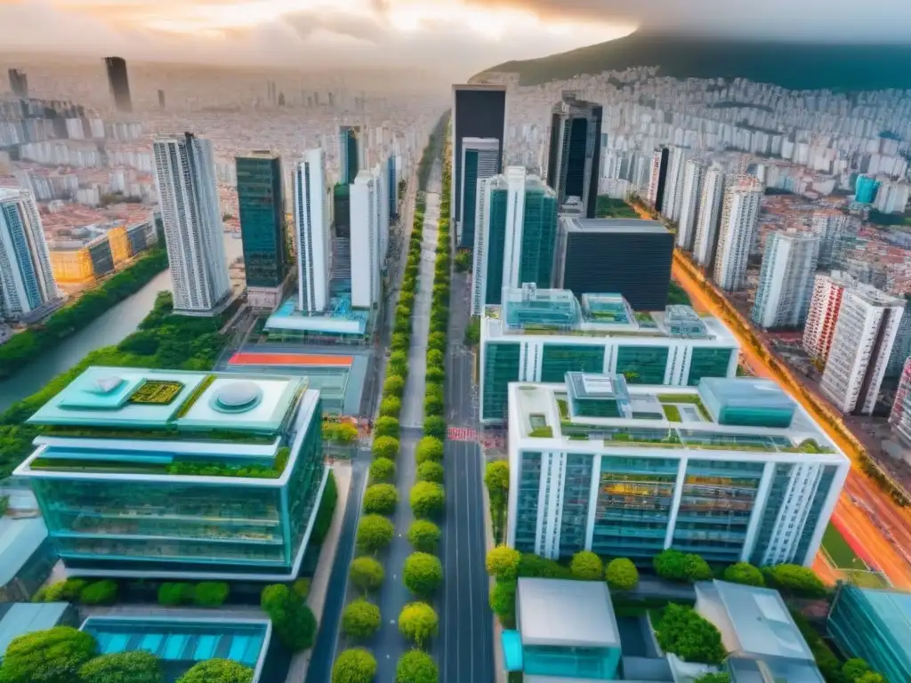 Vista aérea impresionante de ciudad secundaria en Sudamérica Inversión inmobiliaria en ciudades secundarias de Sudamérica: vibrante ciudad con modernos rascacielos y bulliciosas calles coloridas
